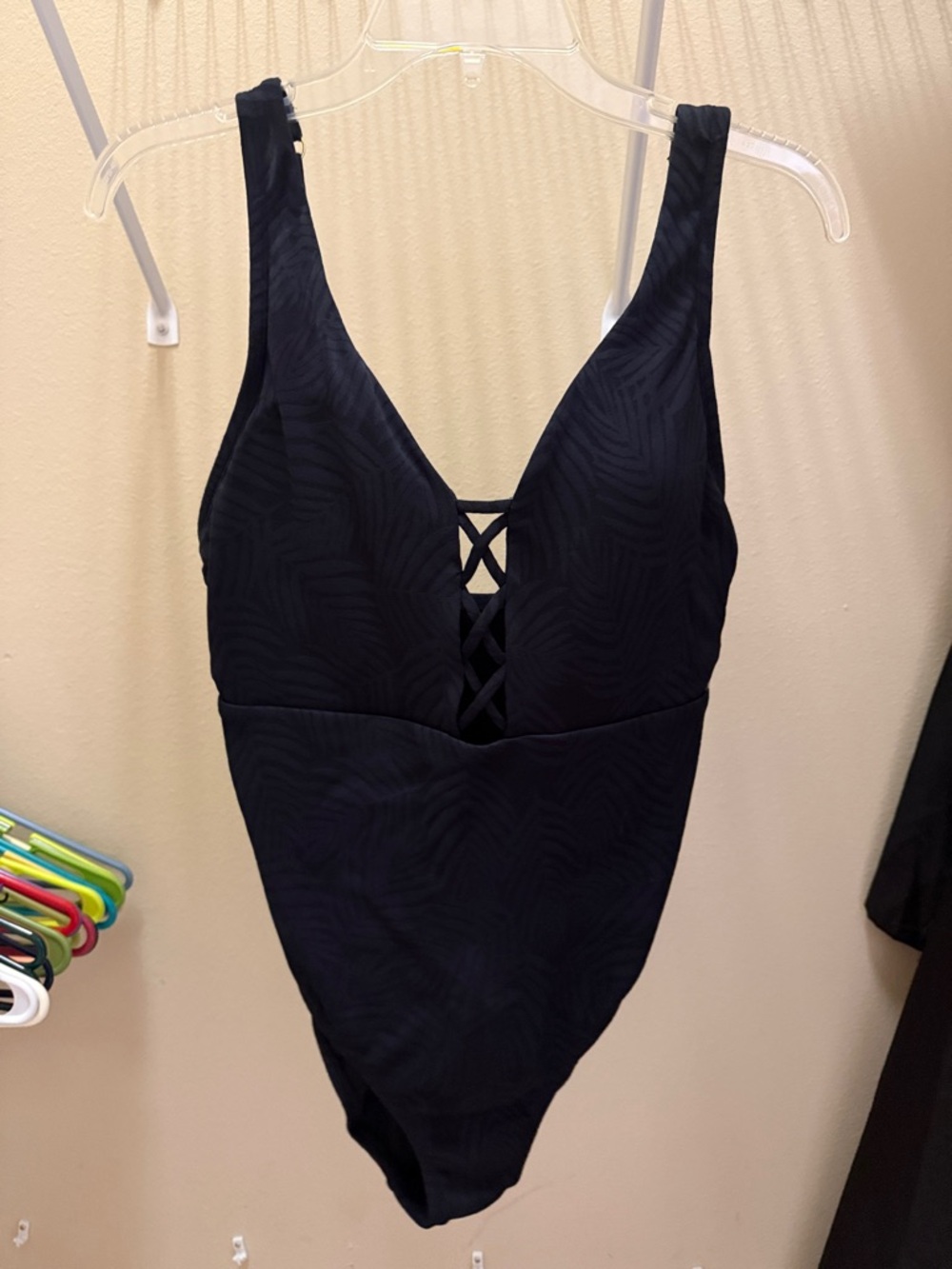 Classic Black One-Piece Swimsuit with V-Neck and Lattice Front